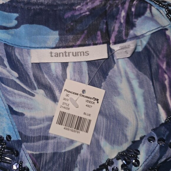 NEW Tantrums Blue Tropical Sheer Shirt Cover-Up Size Small Beaded Floral Vaca - Picture 8 of 11